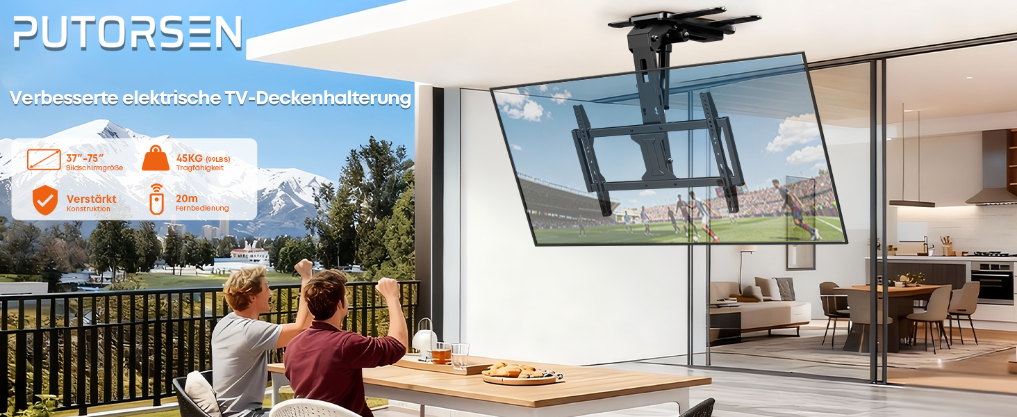 Електричний стельовий кронштейн для телевізора 37-75 дюймів, чорний - похилий, з пультом ДУ, до 45 кг