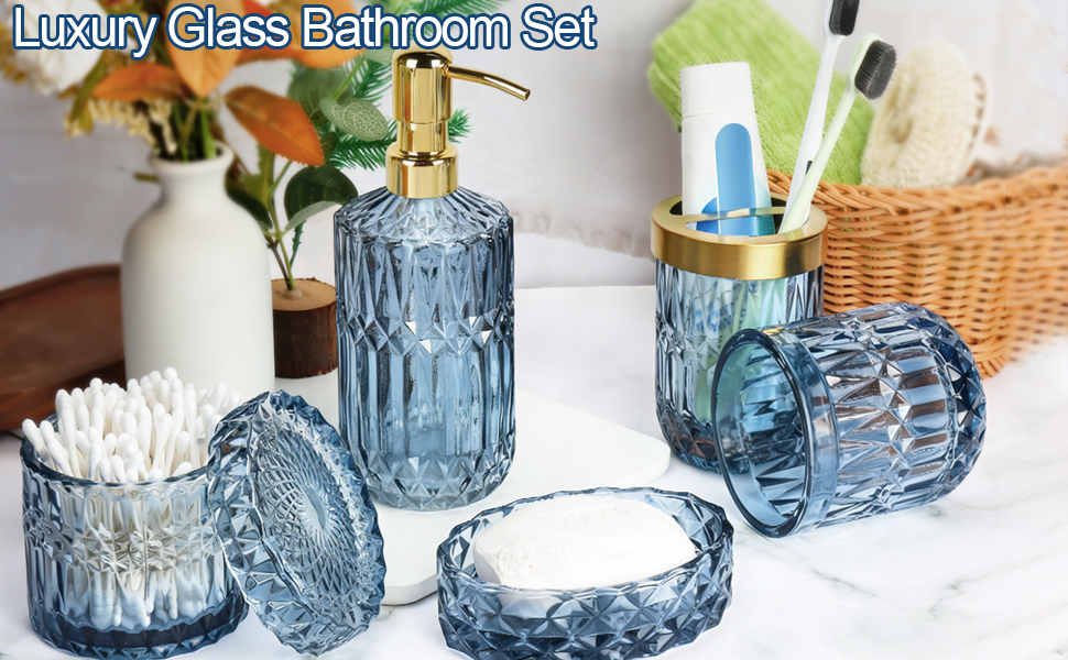 Набір для ванної кімнати скляний 5 предметів Lotionspender синій - розкішний органайзер для ванної (мильниця, стаканчик, тримач для зубних щіток)