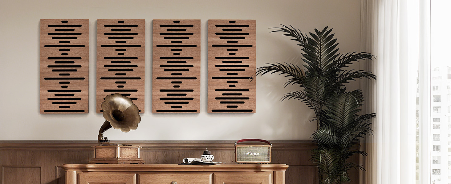 Акустичні панелі JBER для звукоізоляції стін, самоклеючі шумопоглинаючі плити з імітацією горіха (еліптичні лінії), 60×30×4.5 см, 4 шт. — для студії звукозапису та дому