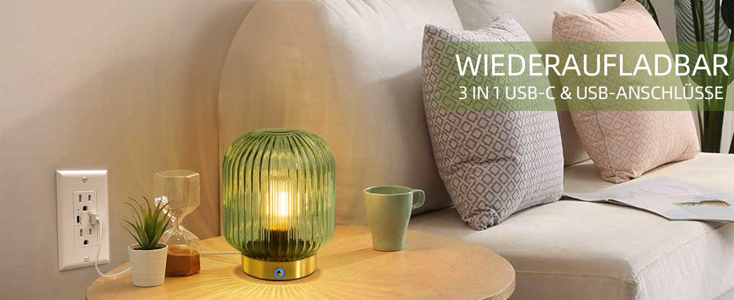 LED настільна лампа MJ PREMIER: акумуляторна, з сенсорним керуванням, регулювання яскравості, скло, USB зарядка, аварійна, зелена