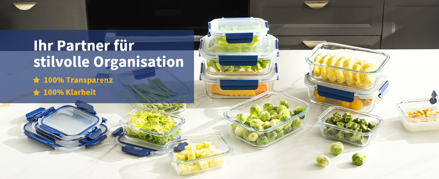 Набір скляних контейнерів для зберігання їжі, 10 шт., з кришками з преміум-пластику, герметичні, BPA-free, блакитні