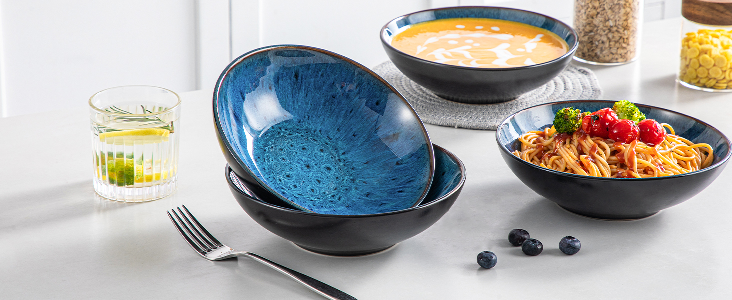 Набір супових тарілок Vancasso Bubble (4 шт.) з кераміки, 950 мл, блакитний