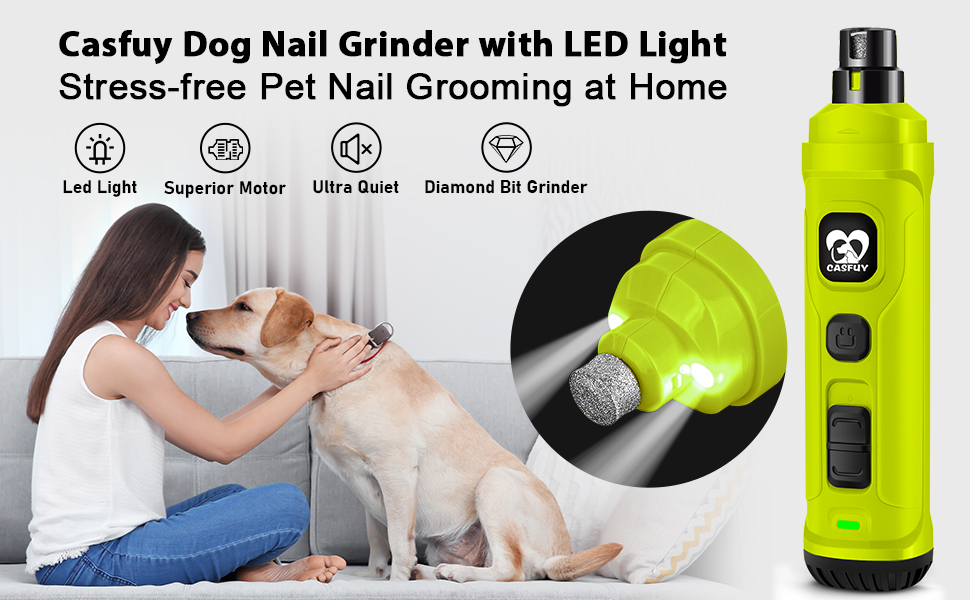 Електричний точилка для кігтів собак і котів Casfuy з 2 LED-лампами – 2 швидкості, тихий, потужний, для собак та котів середніх та малих порід (зелений)