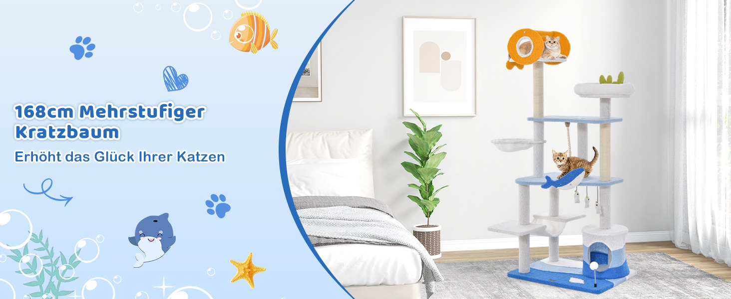 Кігтеточка для котів COSTWAY Ocean-серія з будиночком, гамаком та іграшками, блакитна (59x49x165 см)