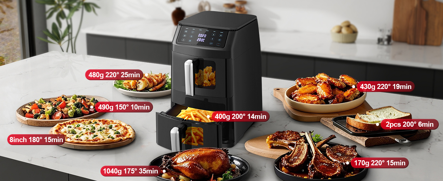 Аерофритюрниця TopStrong Doppelkammer 11л, 2500 Вт, 6 функцій, з оглядовим вікном, вертикальна, подвійна камера, для рівномірного приготування