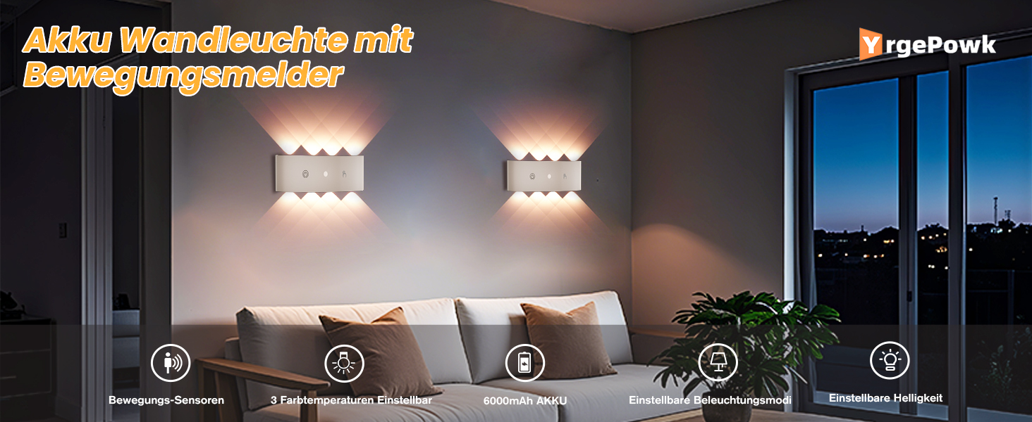 LED-стінні світильники на батарейках YrgePowk (2 шт.) з датчиком руху, USB-зарядка, 3 кольори, бездротові, білі