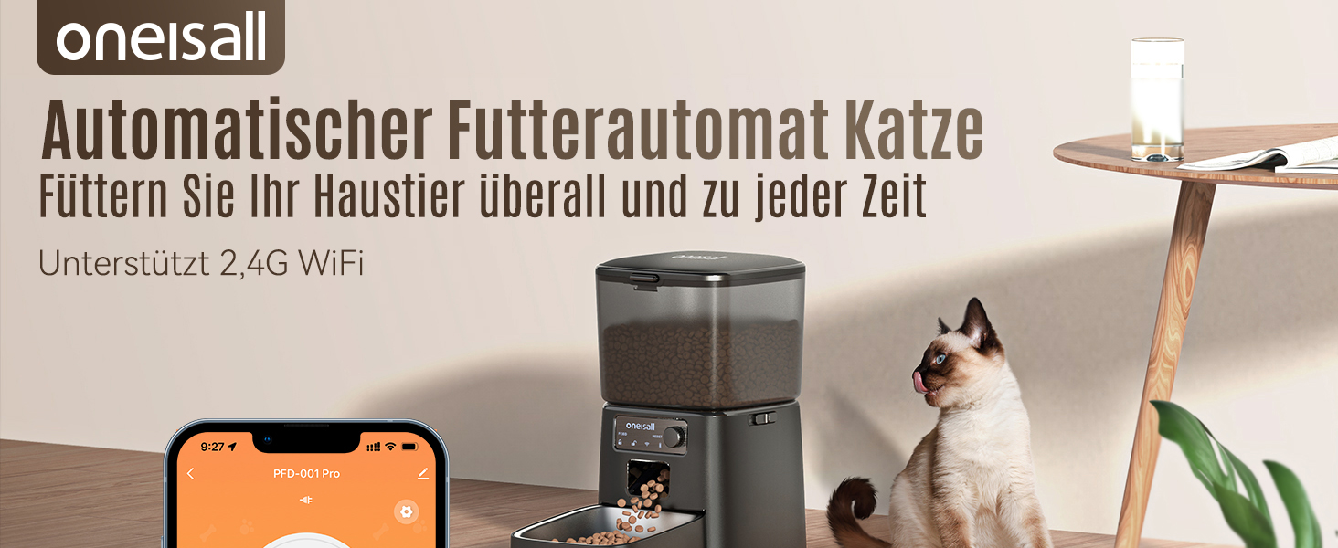 Автомат годування котів Oneisall 3.5L з Wi-Fi, інтелектуальний диспенсер для корму з APP-керуванням, для котів та собак, з нержавійна чаша