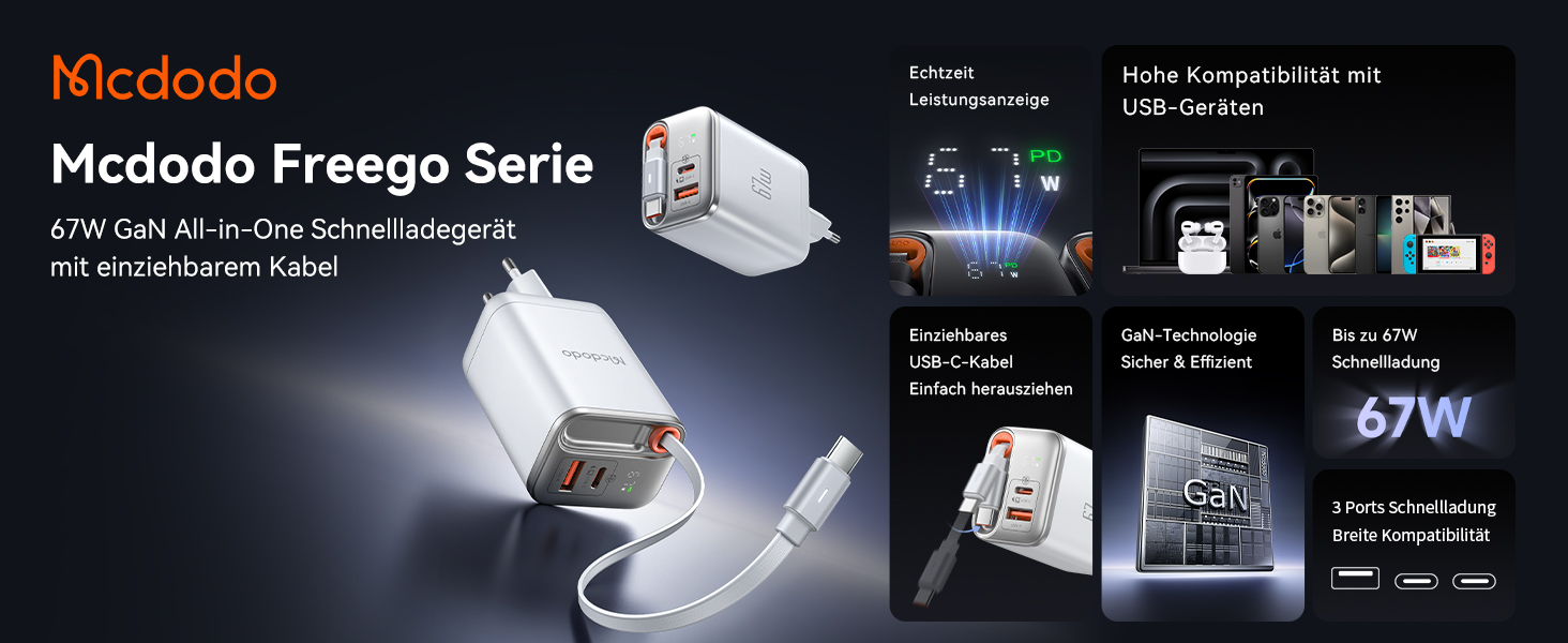 Мсдодо зарядний пристрій USB-C 67W з висувним кабелем, мережевий адаптер, зарядка GaN 3-Port з LED дисплеєм для iPhone, Galaxy, MacBook Pro, iPad