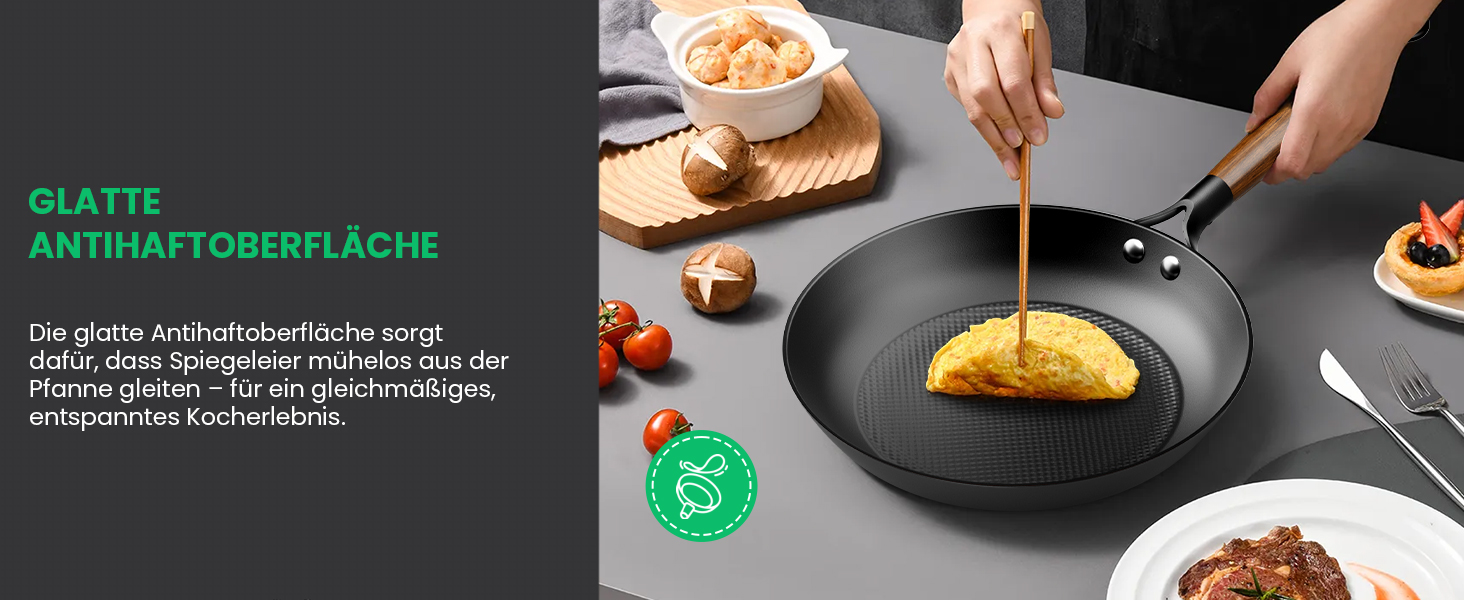 Чавунна сковорода YUTANN 28 см, для індукції, газу, електроплити, з антипригарним покриттям, без PFAS/PFOA, чорна