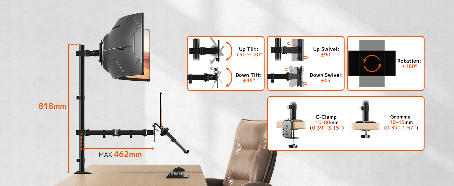 Кріплення для монітора PUTORSEN з регульованою по висоті та поворотною платформою для моніторів 17-49 дюймів та ноутбуків до 18 дюймів, VESA 75/100 мм, 81.8 см