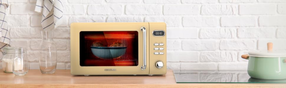 Мікрохвильова піч Cecotec Proclean 5110 Retro Yellow, 20 л, 700 Вт, мікрохвильова піч з грилем, 8 програм, таймер 60 хв, розморожування, безпечне замкання, жовтий колір, серія 51