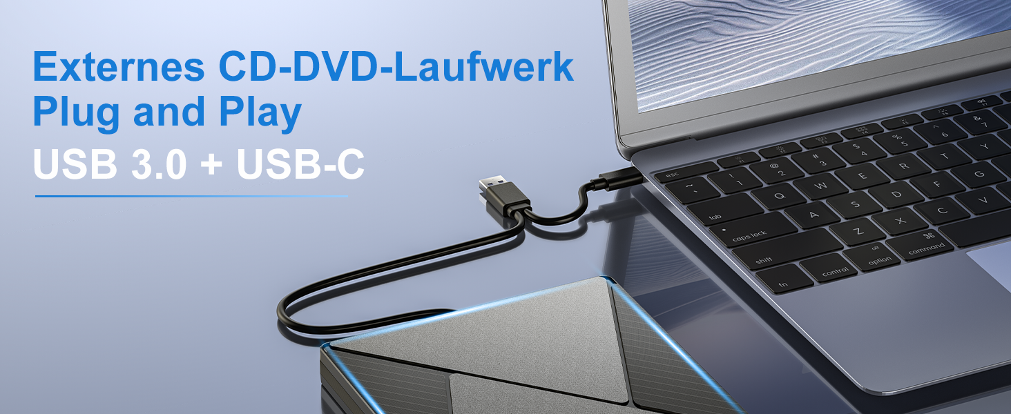 Зовнішній CD/DVD привід USB 3.0 та USB-C, оптичний накопичувач CD/DVD +/-RW ROM для ноутбука, ПК, MacBook, iMac (Windows, MacOS, Linux)