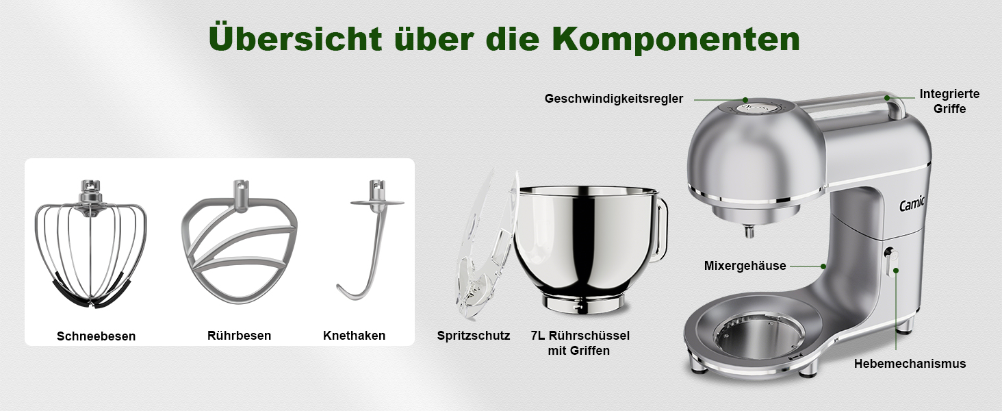 Кухонна машина Camic 2000W: планетарний міксер з чашею з нержавіючої сталі 7л, 10 швидкостями, набором насадок та захистом від бризок, сріблястий