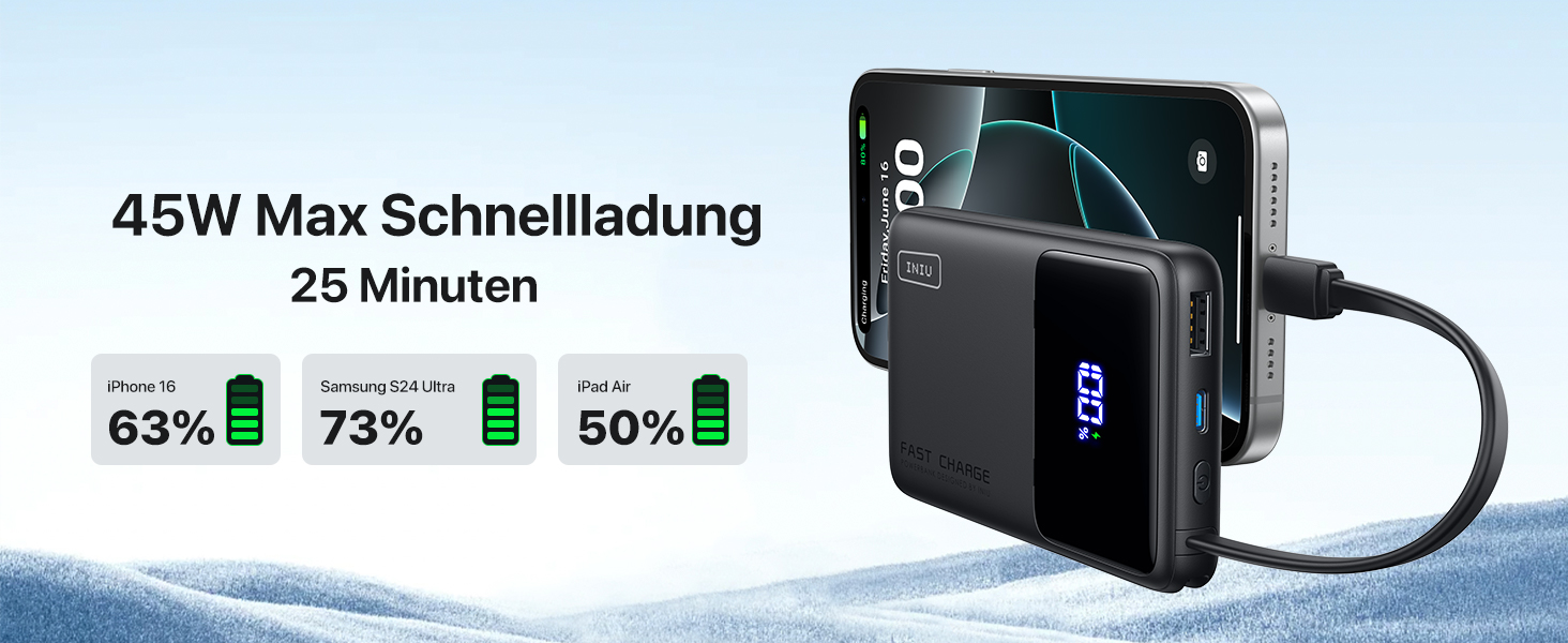 Повербанк INIU 45W 10000mAh з вбудованим кабелем USB-C, швидка зарядка для iPhone 16 17 Pro, Samsung S22, Xiaomi, iPad, чорний