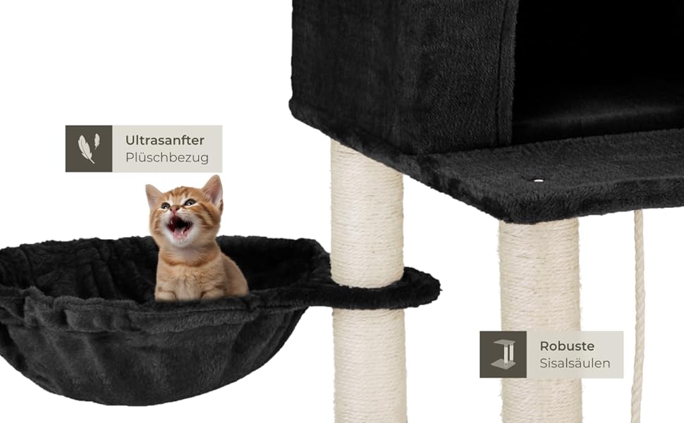 Тектейк® XXL Драбина-кіготь для котів, велика, з аксесуарами: лежанки, гамак, будиночок, іграшки, мотузка з сизалю, ствол для шліфування, кіготь для котів, драбина-кіготь для котів. Висота приблизно 165 см - сірий (Чорний | № 402933)