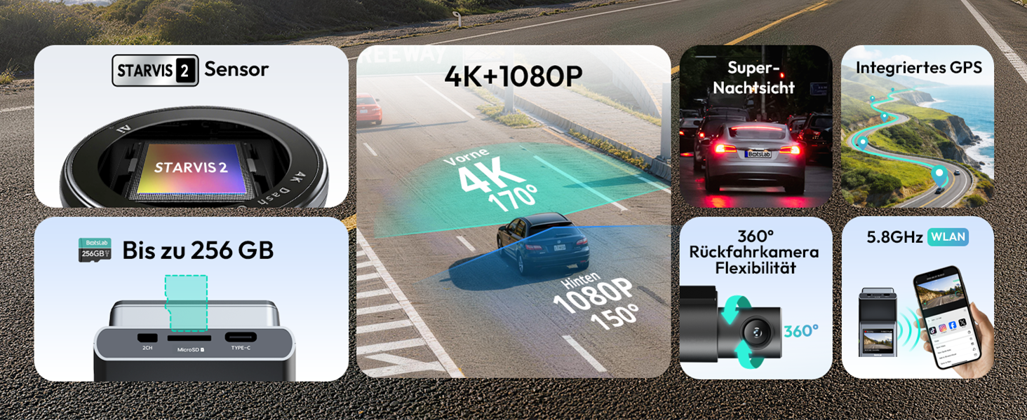 Автомобільний відеореєстратор BOTSLAB G300H Plus 4K UHD + HD 1080P (передній та задній), сенсор STARVIS 2, без карти пам'яті