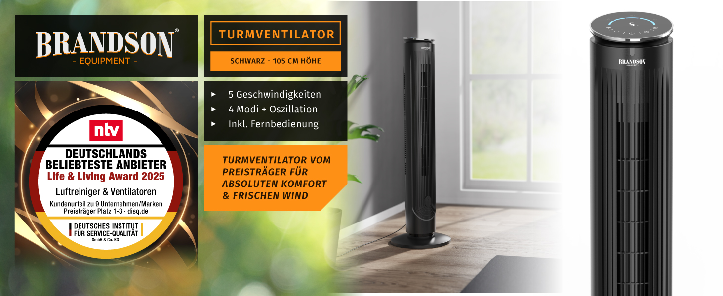 Вентилятор Brandson з дистанційним керуванням, арома-відсіком, тихий, з осциляцією, таймером, 4 режими, 5 швидкостей, LED дисплеєм, чорний