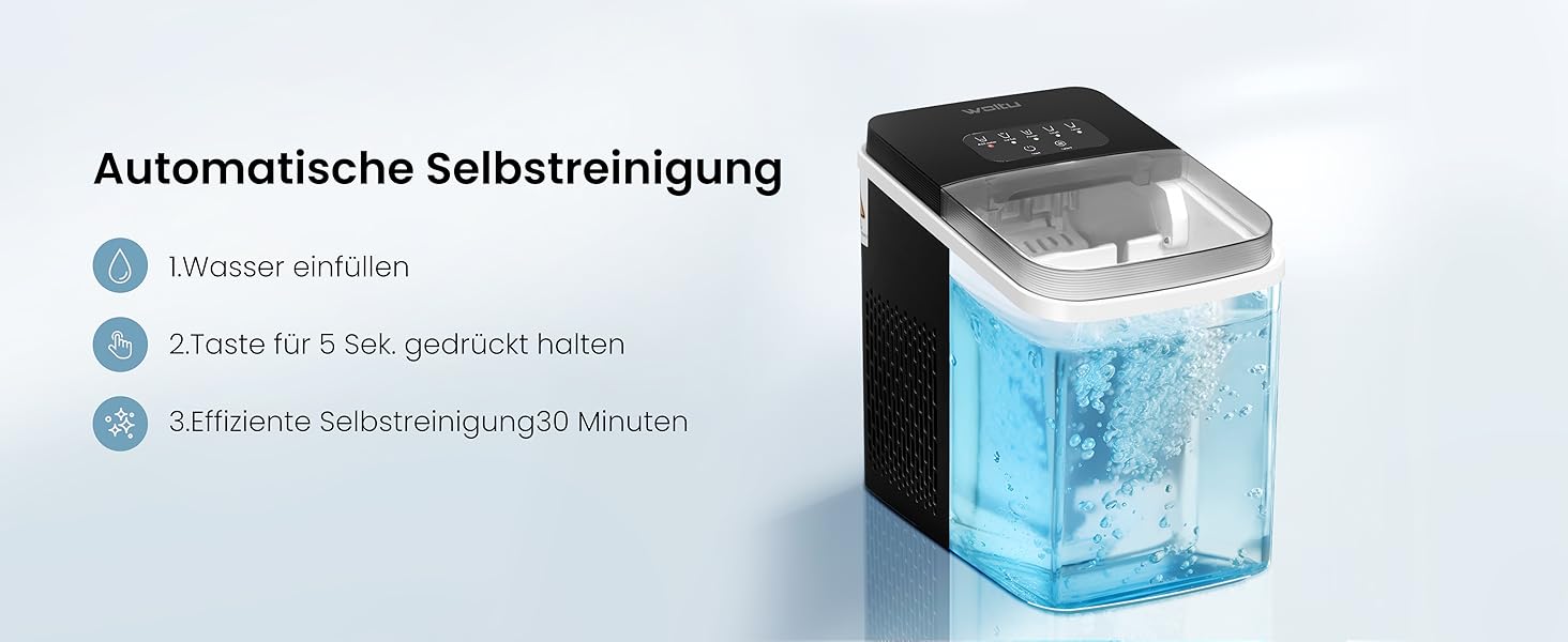 WOLTU Compact Ice Cube Maker Machine - Fast Ice Production (8 Cubes/6-8 Min) - 12kg/24h Capacity - Portable with Handle - Self-Cleaning - 2 Sizes - Ice Maker for Home, Camping, Office (1.4L, Black)
