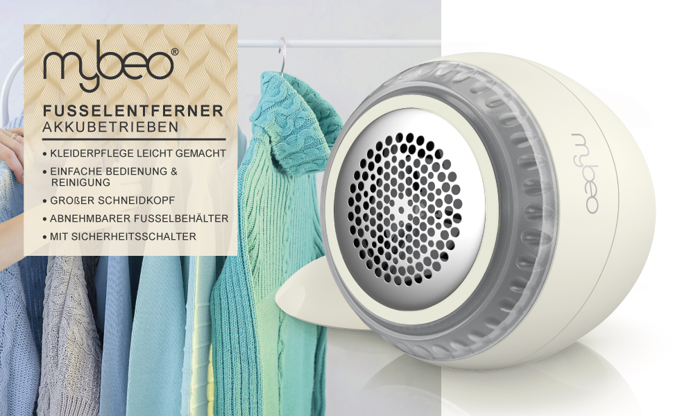 MyBeo - Електричний видалення ворсу з одягу - бездротовий прилад для видалення ворсу з тканини з USB-кабелем для зарядки - для всіх видів одягу - видаляє ковтунці - 2 змінні леза - акумуляторний (Колір: Бежевий)