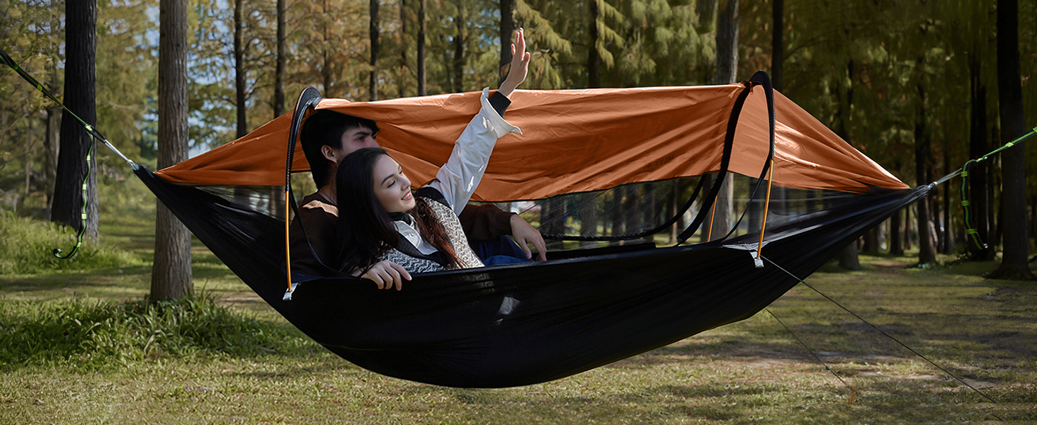 Гамак-намет для кемпінгу з москітною сіткою та сонцезахистом, 290x140 см, великий простір, легкий, з ременями для кріплення до дерева, підлоговий намет для відпочинку на природі, пікніків, походів, зелений (помаранчевий)