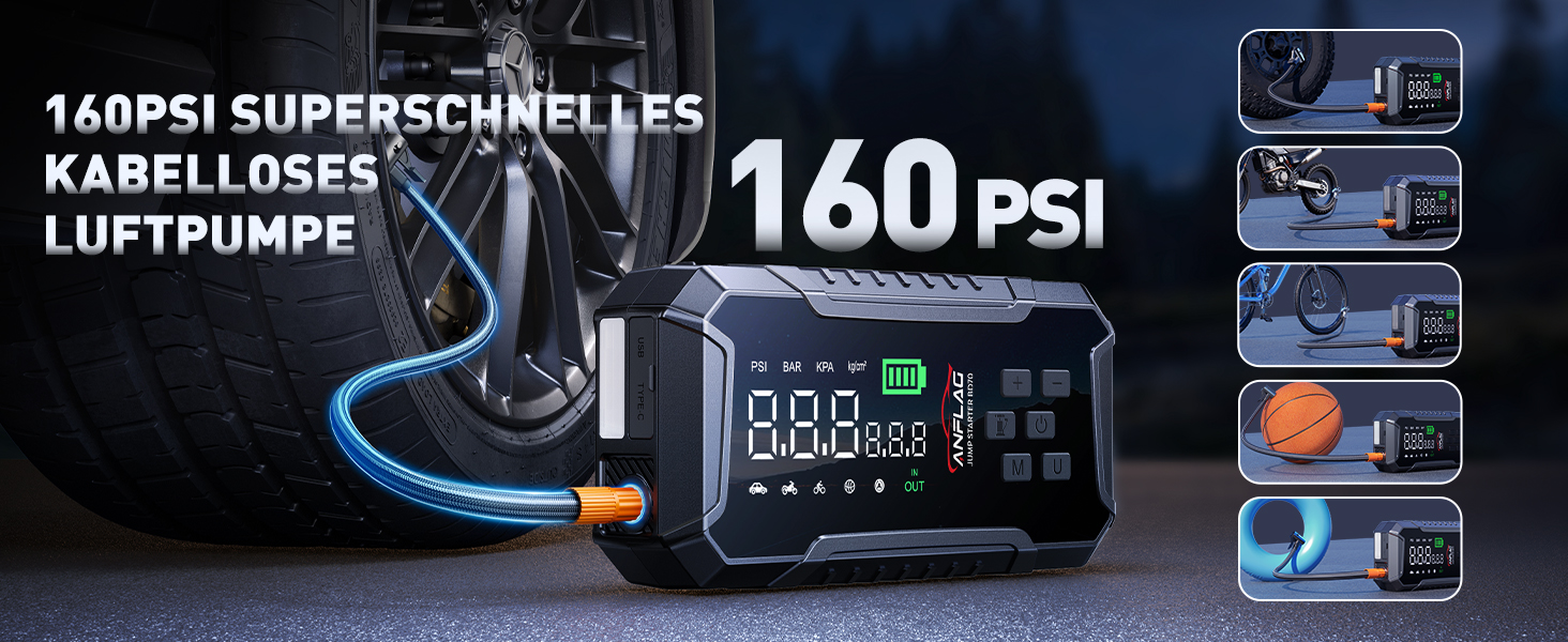 Портативний пусковий пристрій ANFLAG 7000A з компресором та LED-ліхтариком, 26800mAh, для бензинових та дизельних двигунів (до 12.0L)