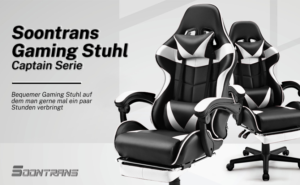 Геймерське крісло Soontrans CK001 Racing: з підставкою для ніг, подушкою для шиї та попереку, білими підлокітниками, регульоване, для стрімінгу та Xbox