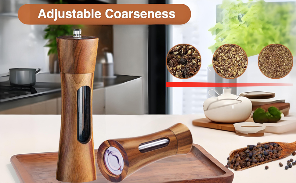 Дерев'яна мельниця для солі та перцю з підставкою, ручна, з регульованим керамічним жорном, 20 см