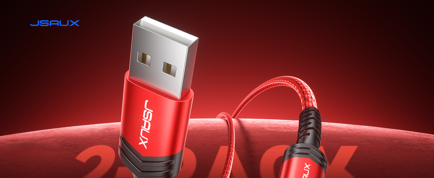 Кабель USB-C JSAUX 3.1A (2 шт. по 2м), 2 шт., червоний, для Samsung Galaxy, iPhone, PS5, CarPlay, нейлон, швидка зарядка
