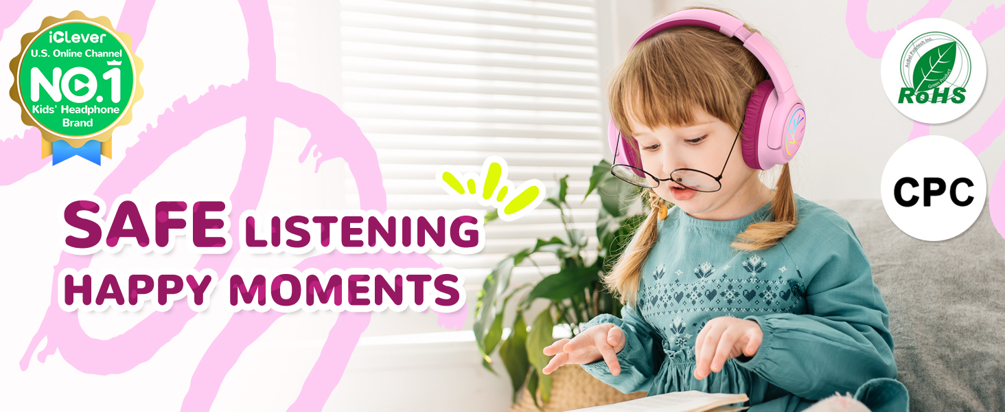 iClever Дитячі навушники Bluetooth з LED-підсвічуванням, обмеження гучності 74/85 дБ, 43 години роботи, стерео звук, Type-C, AUX-кабель, Bluetooth 5.3, для планшетів/подорожей, рожеві