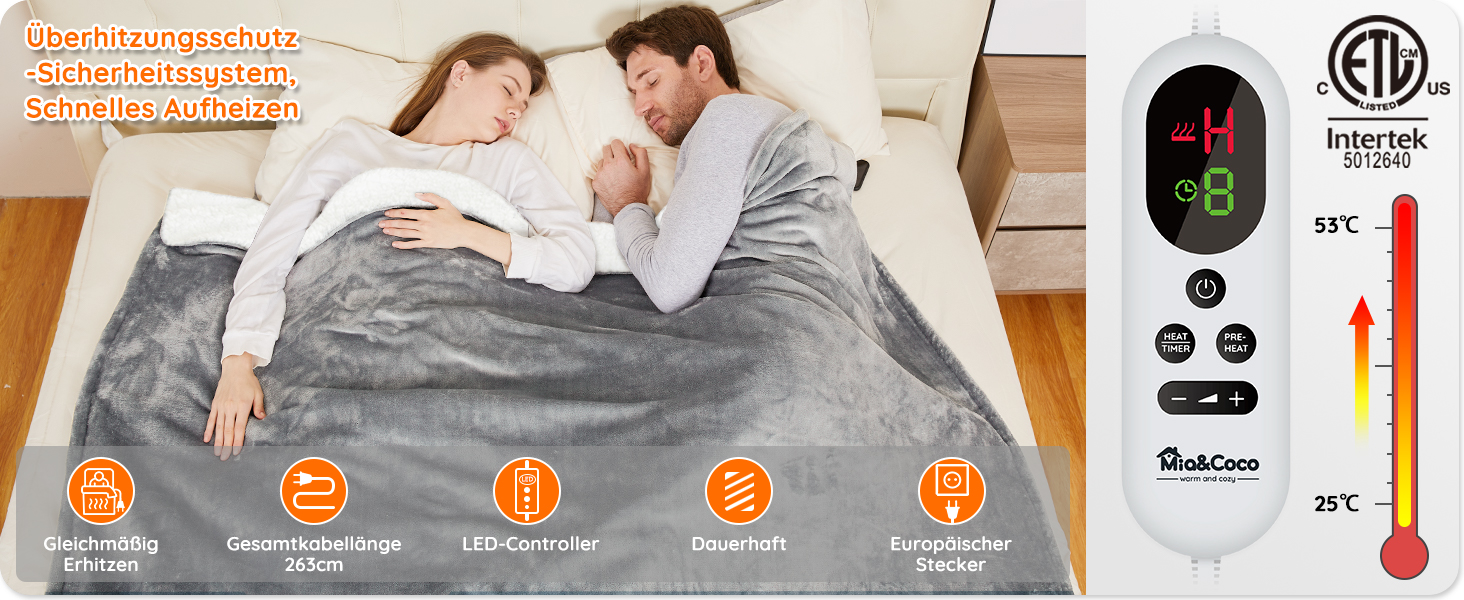 Електрична ковдра Mia&Coco з автовимкненням 180x130 см, 10 рівнів нагріву, таймер 9 годин, захист від перегріву, машинне прання, фланель, для ліжка, дивану та вітальні, сіра 130x180 см