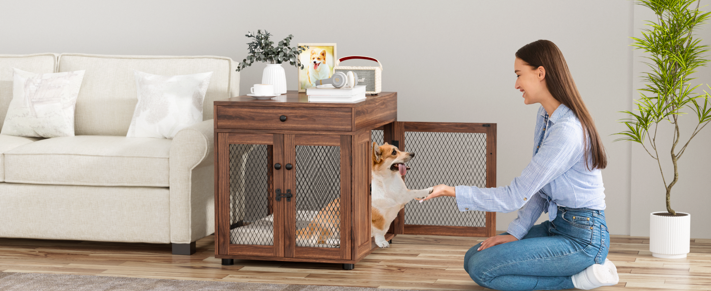 Клітка для собак VOWNER з дерева, 3 двері, з шухлядою, 51x60x62 см, для собак до 20 кг, колір горіх