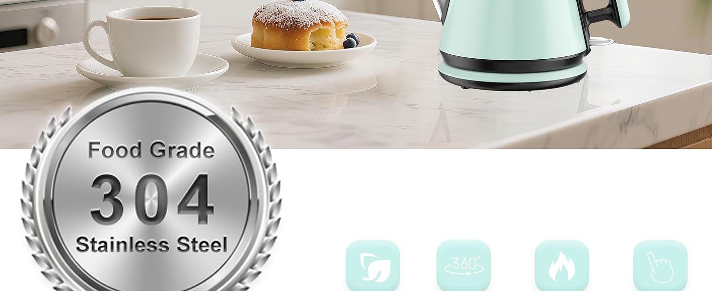 Електричний чайник 0.9л з нержавіючої сталі 304, 1360W, швидке кип'ятіння за 4-6 хвилин, класичний компактний дизайн, сенсорна кнопка, автоматичне відключення та захист від перегріву, для дому, офісу, для кави, зелений