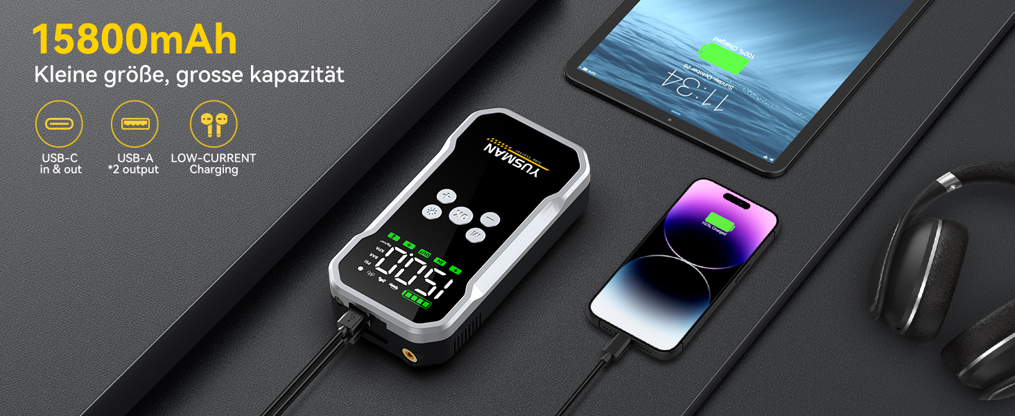 Powerbank Starthilfe F03: Портативний стартер для авто з компресором та повітряним насосом | 6000A, 7L, 150PSI, LCD, LED