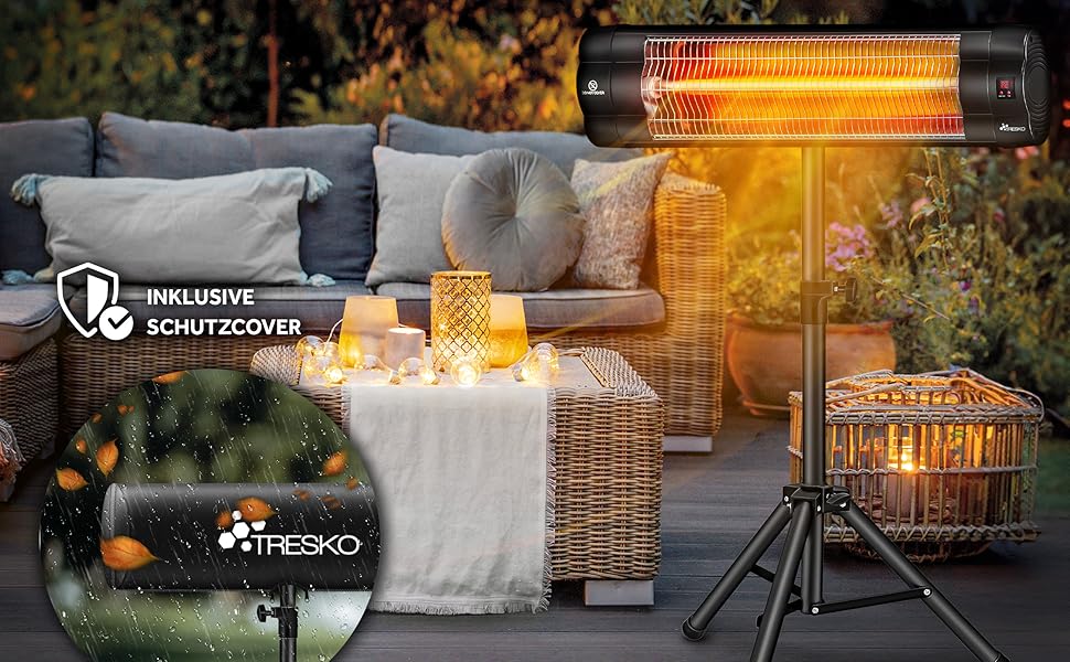 Інфрачервовий обігрівач TRESKO 2500W з пультом дистанційного керування | Електричний теплове обігрівач для тераси, дому та вулиці | Регульована висота, чорний колір