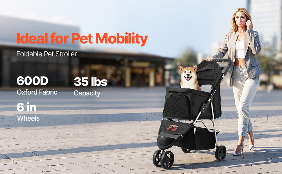 VEVOR 3-Wheel Pet Stroller - Dog & Cat Buggy, 16kg Capacity, Foldable with Cup Holders & Brakes