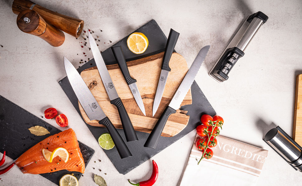 Набір ножів Karl Hausmann 5 предметів: набір ножів та підставка - кухонні ножі з нержавіючої сталі, чорний