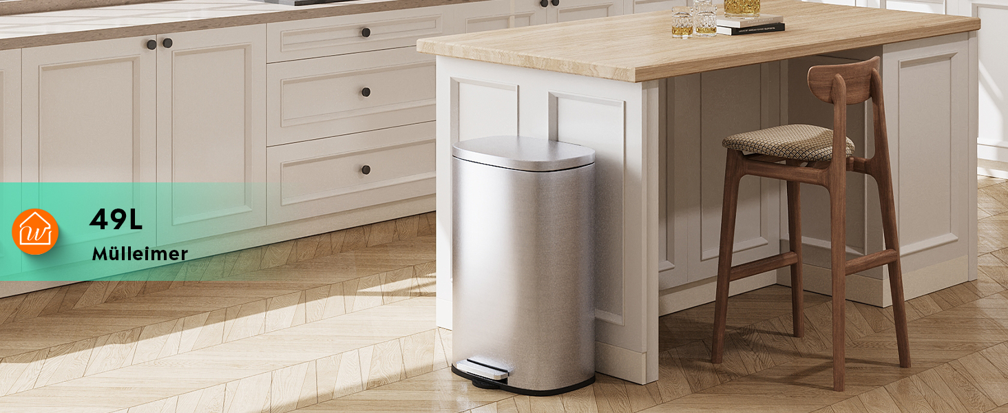 Відро для сміття WLIVE 50L з нержавіючої сталі з педальним механізмом та м'яким закриттям, для кухні, спальні, офісу, срібний