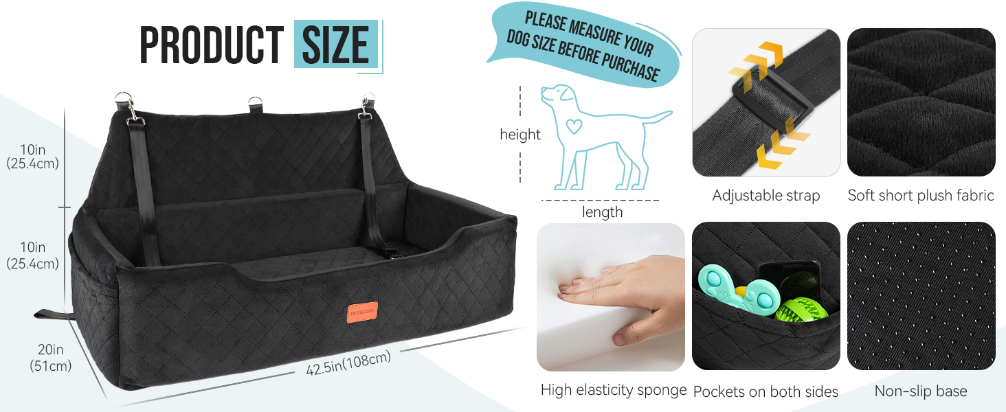 Автокрісло для собак великих порід до 45 кг, чорне, з двома страхувальними ременями, миється