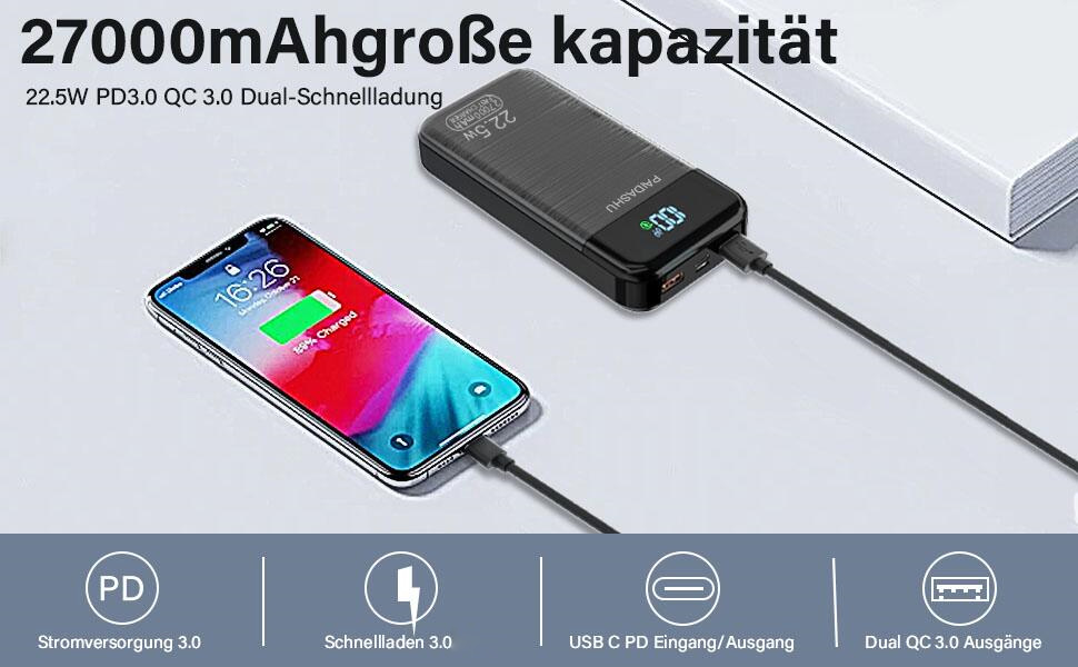 Портативний зарядний акумулятор Power Bank 27000mAh 22.5W з LCD дисплеєм, 1 USB-C, 2 USB-A для смартфонів, планшетів, подорожей та кемпінгу