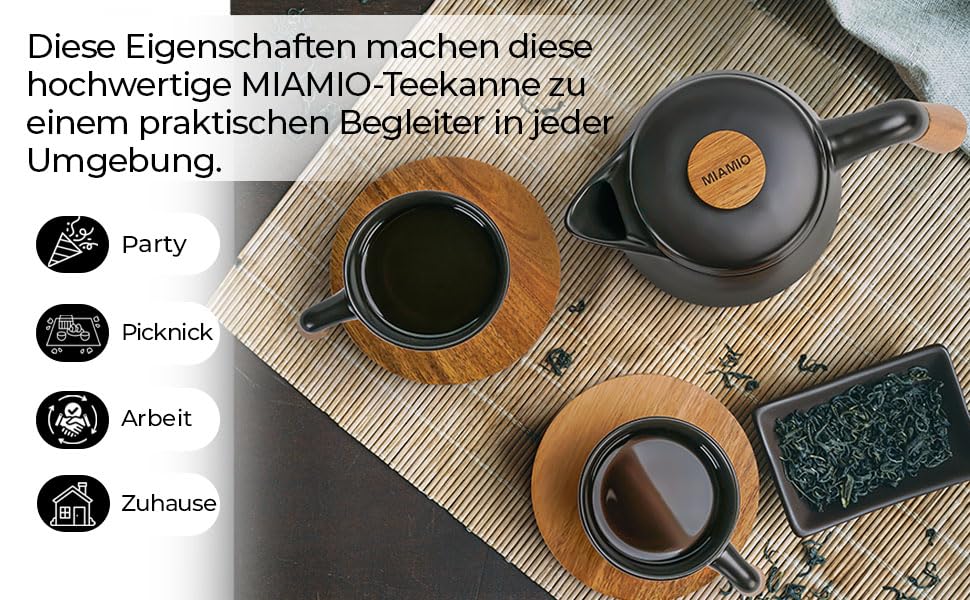 Набір для чаю Miamio: чайник 1 л з ситечком та 4 чашки (300 мл), підставка з бамбука. Кераміка, білий/чорний