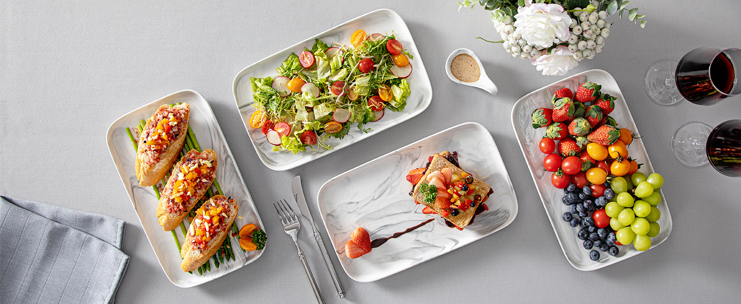 Сервірна таця MALACASA з порцеляни, набір 4 шт. прямокутна, 25 x 14 см, білий мармуровий колір. Ідеально для буфетів, суші, закусок та тортів вдома та в ресторані.