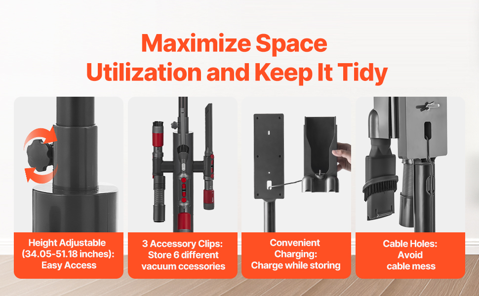 Підставка для пилососа VEVOR 126 см, сумісна з Dyson G5, V15, V12, V11, V10, V8, V7, V6, з аксесуарами, підлогова стійка, кріплення з 6 гачками та антиковзкими ніжками, срібна (з висувною трубою, чорна)
