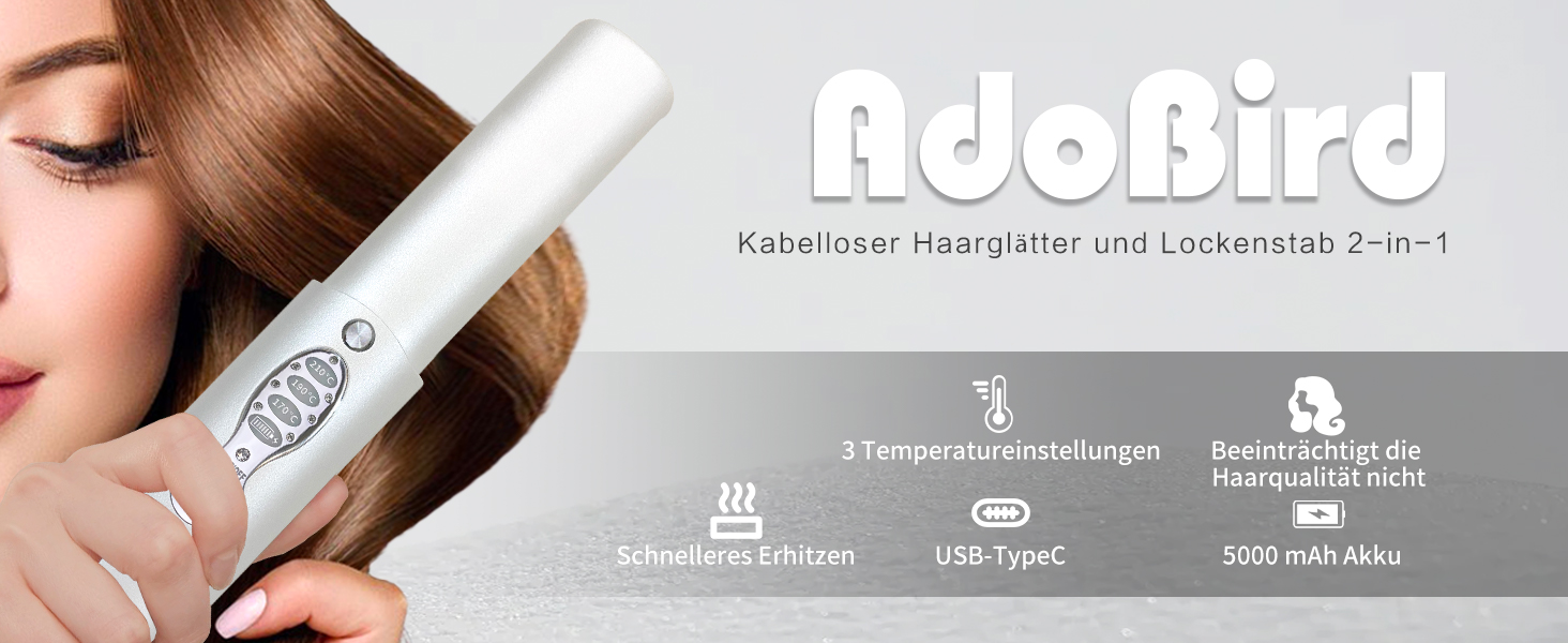 Бездротовий випрямляч для волосся з акумулятором 5000mAh, титанове покриття, 2 в 1 (випрямляч та локони), міні, для подорожей, 3 температурні режими, швидкий нагрів, для всіх типів волосся (білий)