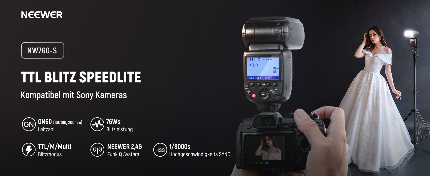 NEEWER NW760-S TTL спалах Blitz Speedlite для камер Sony DSLR, 76Ws GN60, 2.4G, 1/8000s HSS, TCM, 230 спахів, 0.1-2.7s