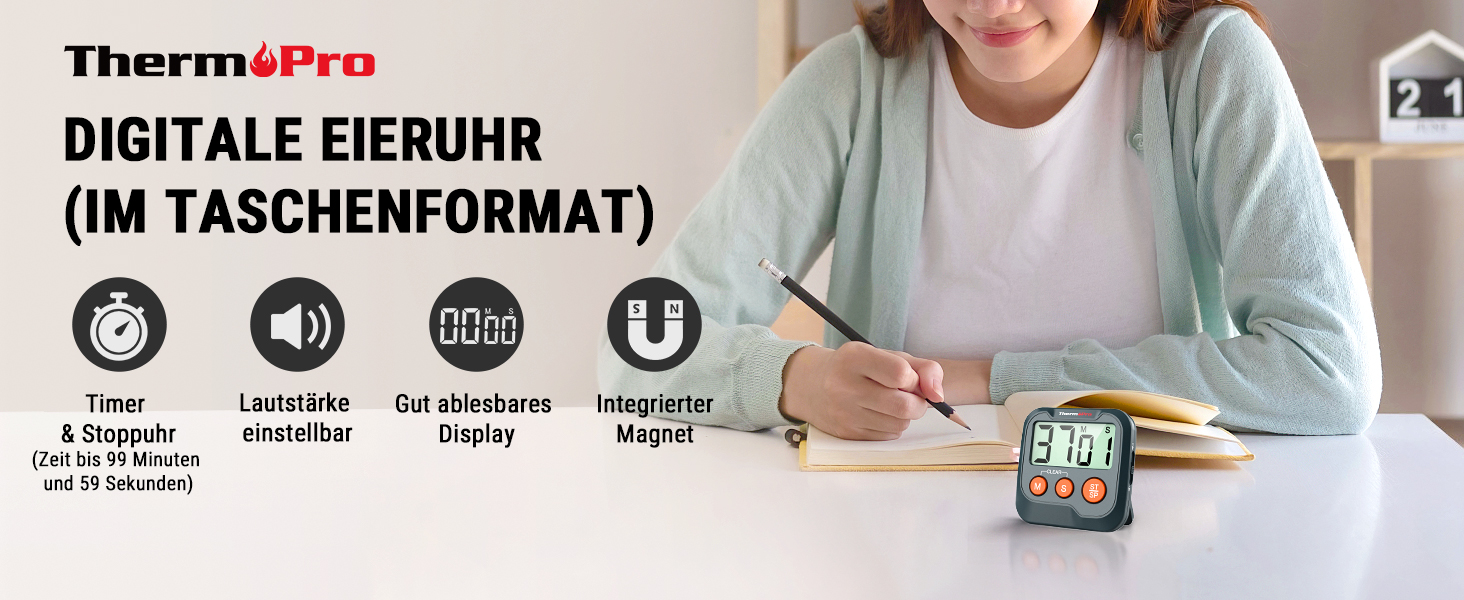 Цифровий таймер ThermoPro TM03 з секундоміром: кухонний таймер, таймер для шкіли, офісу, спорту та догляду за шкірою. Звук регулюється, ABS-пластик