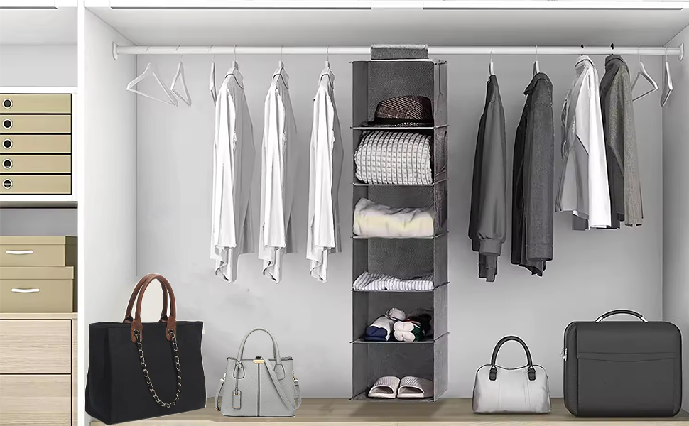 Настінна полиця-органайзер для шафи з 6 відділеннями та 2 кишенями сірого кольору для одягу та взуття