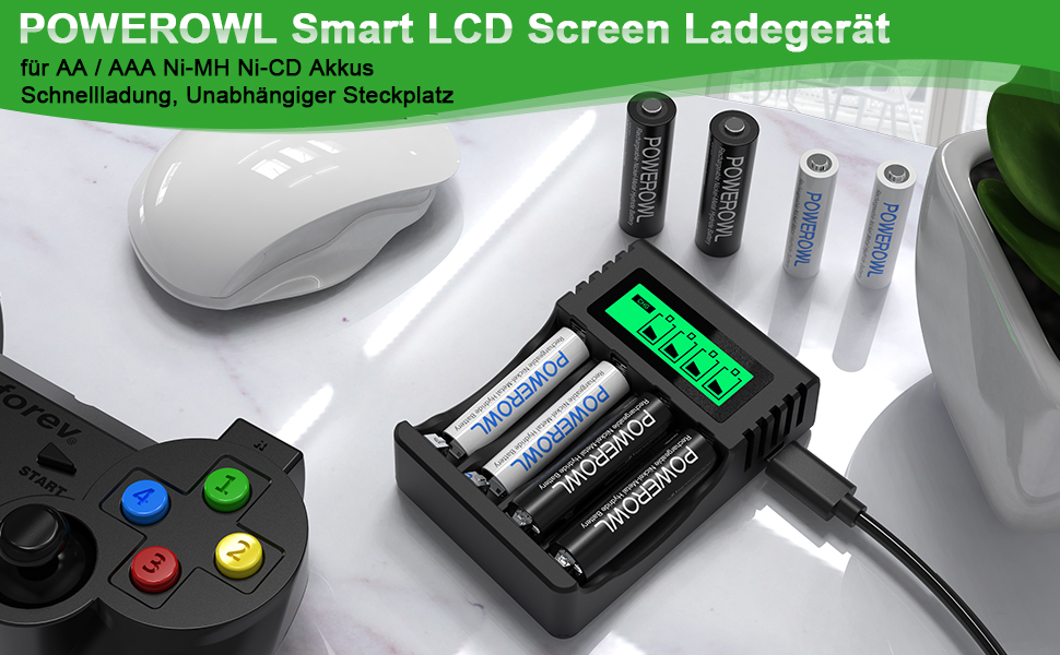 Швидкий зарядний пристрій PowerOWL для акумуляторів NI-MH/NI-CD AA/AAA з LCD-дисплеєм та USB