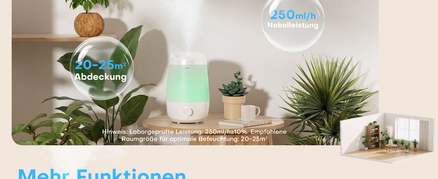 Зволожувач повітря AROEVE для спальні, 2,5л, 250 мл/год, дифузор для ефірних олій, автовимкнення, 25 дБ, тихий для дітей та рослин, білий