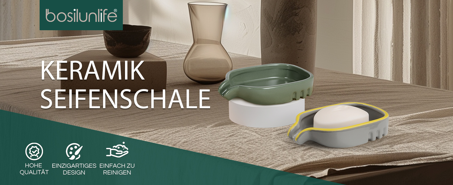 Керамічна миска для мила BosilunLife з отвором для стоку води – неслизька підставка для мила, квадратна, сучасна та мінімалістична, для ванної кімнати, душу, кухні, умивальника (Сірий, Зелений)