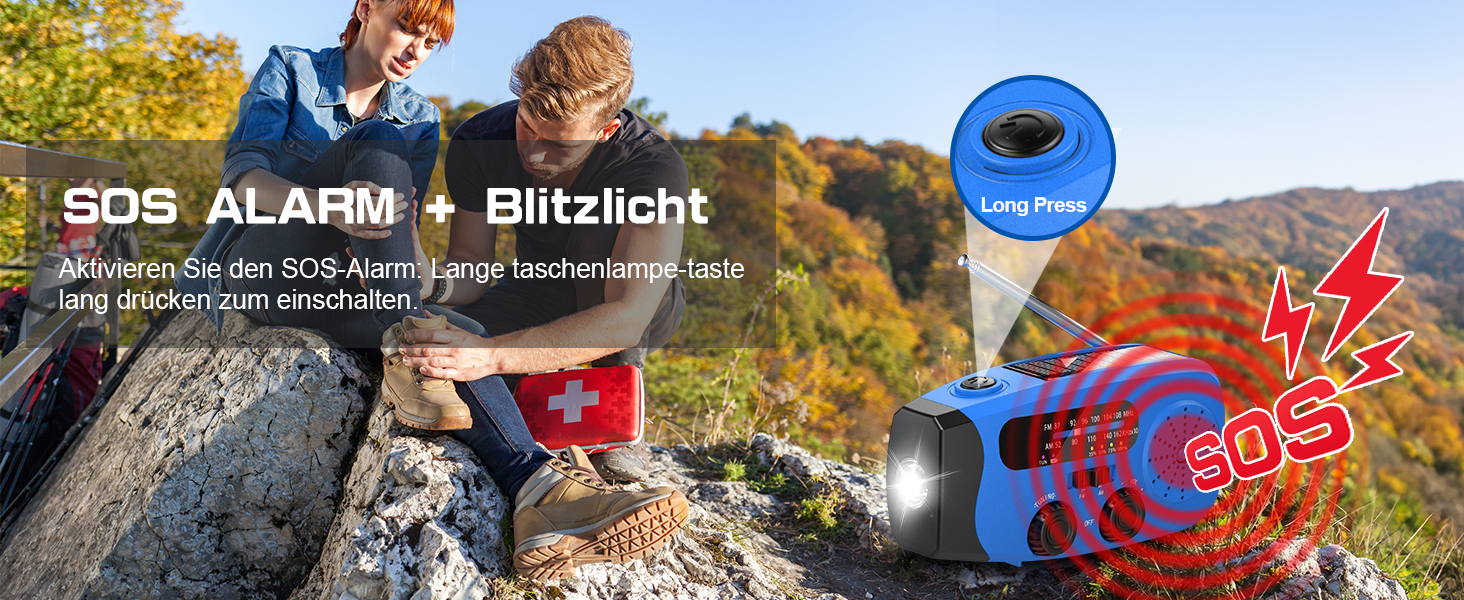 Радіо-кринка Notfall Weltempfänger 4000 mAh (14800 mWh) з 3 кабелями, AM/FM/WB, SOS-сигнал, ліхтарик, блакитне аварійне радіо